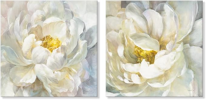 SEVEN WALL ARTS Peony Flower Canvas Wall Art Peonies Floral Pictures Set Abstract White and Yellow Blossom Paintings for Bedroom Living Room Home Office Decor 24"x24"x2pcs