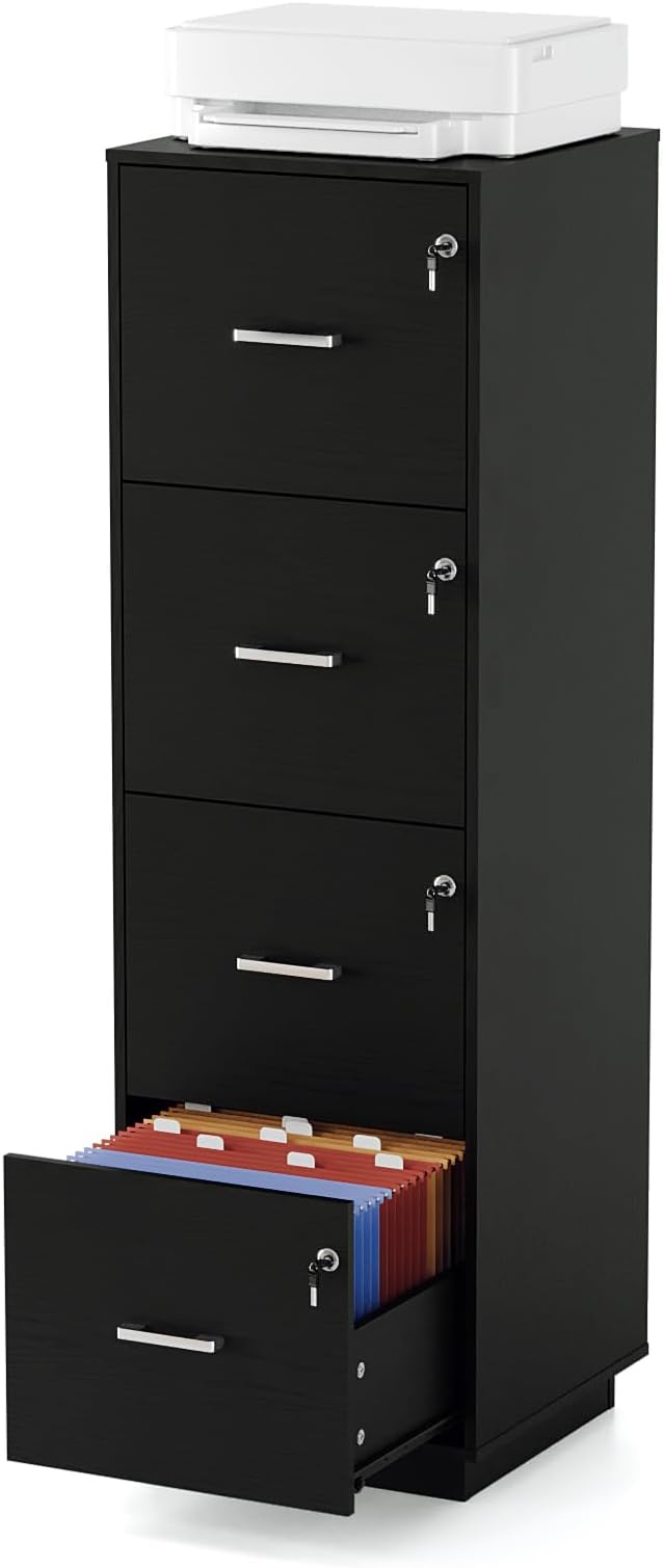VINGLI 4 Drawer File Cabinet with Lock, Home Office Filing Organizer, for Letter Size File Folder Storage, Wood Tall Vertical Filing Cabinet, Printer Stand, Archivador (Black)