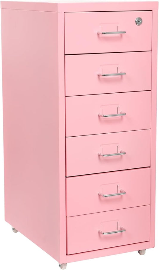 6 Drawer Vertical File Cabinet, 27" Lockable Metal Storage Cabinet with 4 Wheels, Mobile Filing Organization Under Desk for Office, Study, Dresser (Pink)