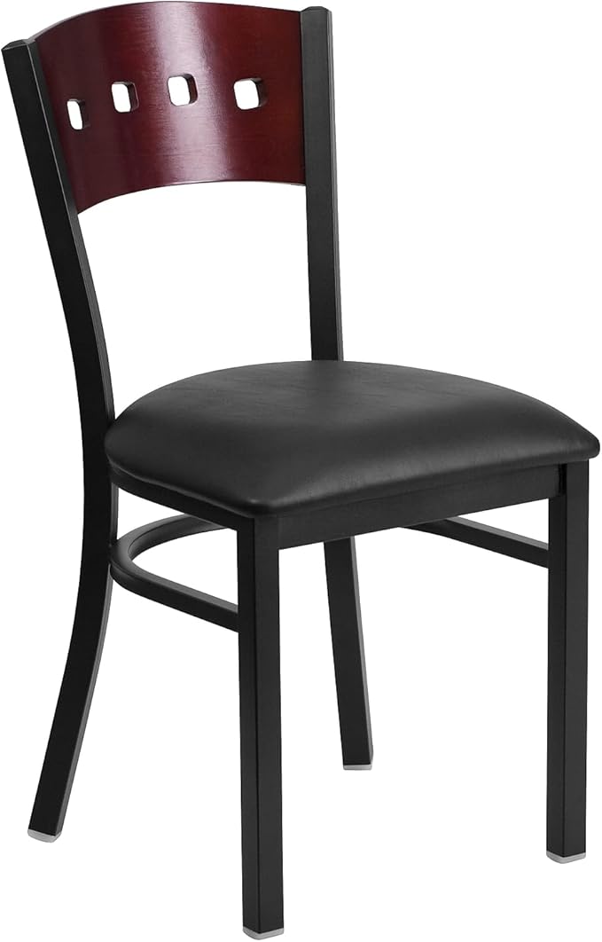 Flash Furniture 2 Pk. HERCULES Series Black 4 Square Back Metal Restaurant Chair - Mahogany Wood Back, Black Vinyl Seat