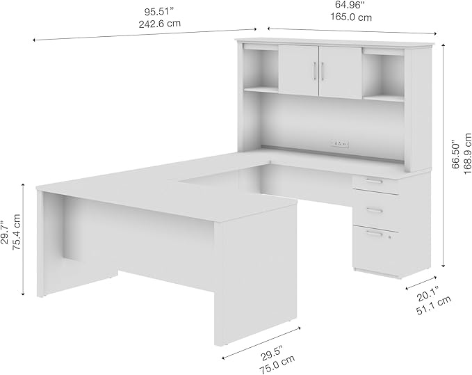 Bestar Logan 66W U or L-Shaped Executive Office Desk with Pedestal and Hutch in Antigua