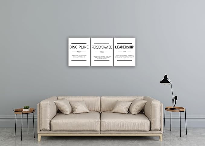 Motivational Painting Wall Art 3 Pieces Canvas Discipline Perseverance Leadership Noun Office Decor Print Inspirational Quotes for Wall Art Poster Living Room Gym Decor Framed[36''Wx 16''H]