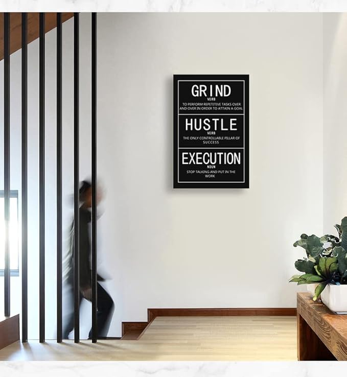 Motivational Canvas Office Wall Art Inspirational Entrepreneur Quotes Grind Verb Hustle Verb Execution Noun Poster Print Artwork Painting Wall Picture Home Office Framed Ready to Hang[24″W x 36″H]