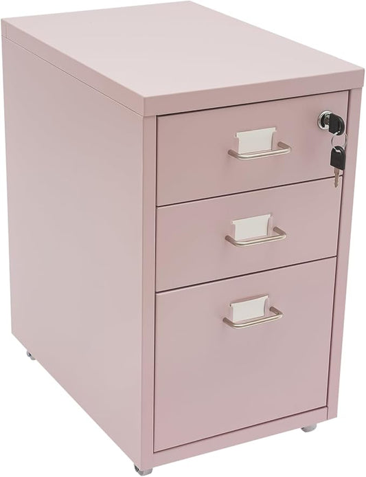 3 Drawer Metal Storage Cabinet, Filing Cabinets for Home Office, Rolling Narrow File Cabinet, Literature Organizer, Home Printer Stands, Mobile File Cabinet w/ Lock for Office, Study, Dresser (Pink)