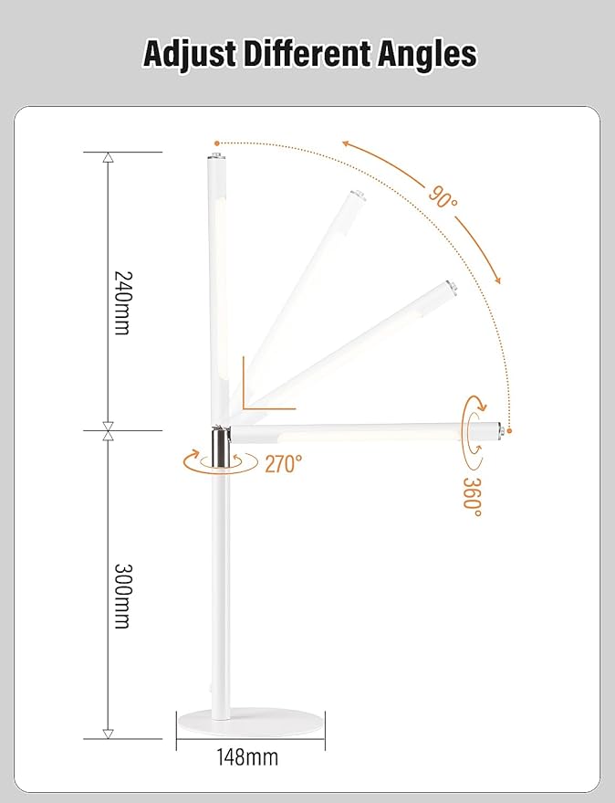 LED Desk Lamp, Home Office Eye Lamp, 3 Modes, Infinitely Adjustable Brightness, Metal, Multi-Angle Adjustment, Detachable Desk Lamp with USB (White)
