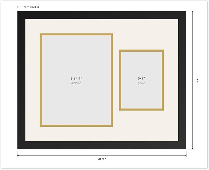 CountryArtHouse Fits 8.5 x 11 Certificate (Portrait) and 5 x 7 Photo Diploma and Photo Frame Bright White Genuine Hardwood with Black Over Metallic Gold Double mat