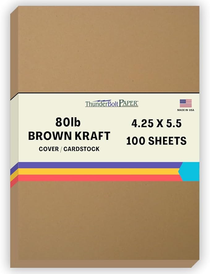 100 Brown Kraft Fiber 80# Cover Paper Sheets - 4.25" X 5.5" (4.25X5.5 Inches) Quarter Letter Size - Rich Earthy Color with Natural Fibers - 80lb/Pound Cardstock - Smooth Finish