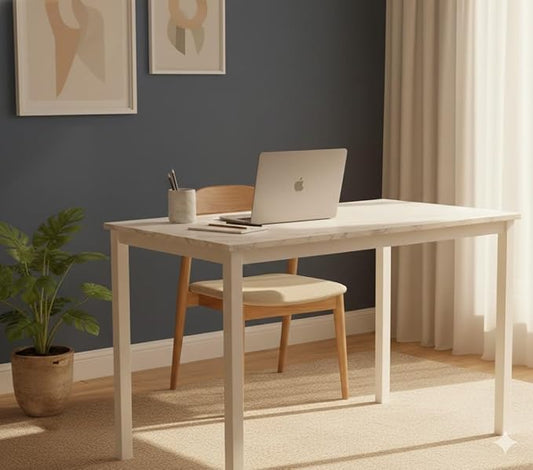55 inch Large Computer Desk Wood, Modern Simple Style Desk for Home Office, Bedroom, Study Student Writing Desk, Small Spaces, White Metal Frame, Marble Grain Top