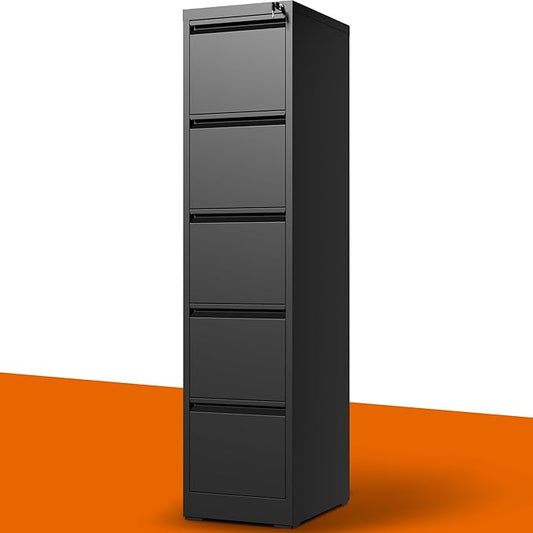 5 Drawer File Cabinet with Lock, Metal Vertical File Cabinets for Home Office, Office Furniture for Organization Hanging Legal/Letter/A4, Office File Cabinet Storage Cabinet, Require Assembly, Black