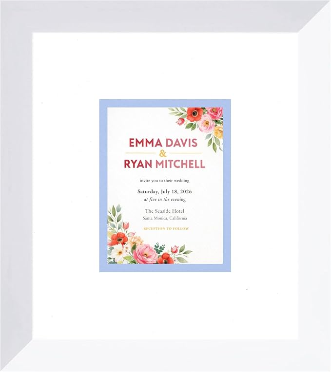Invitation Picture Frame White With Double Mat White Over Sky Blue for 4.25x5.5 A2 Keepsake Made in the USA