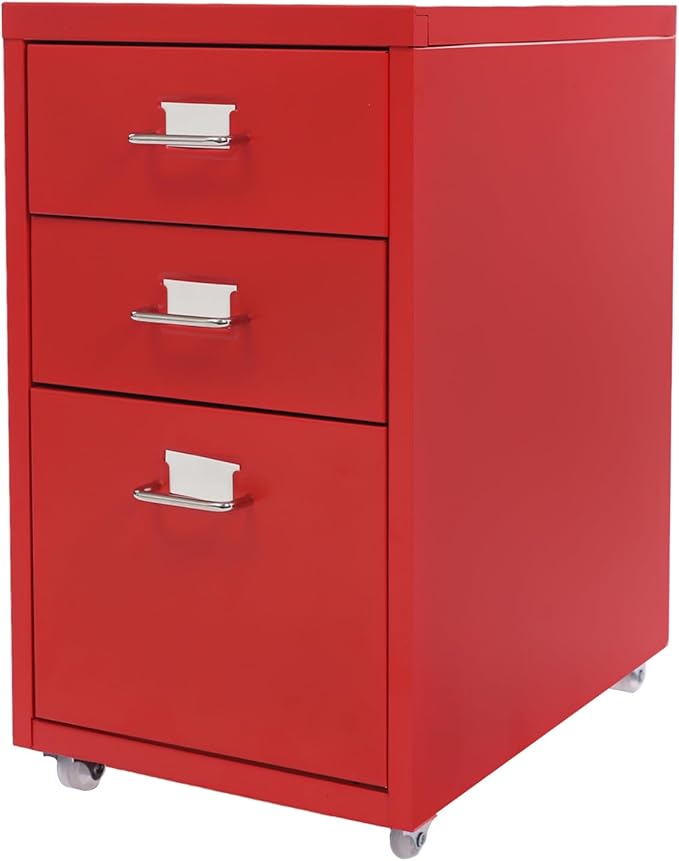 File Cabinet, 3 Drawer Office Filing Cabinet Metal Storage Cabinet with Wheels for Home and Office, Under Desk Cabinet Rolling Storage Case for Notebooks Cosmetics (Red)