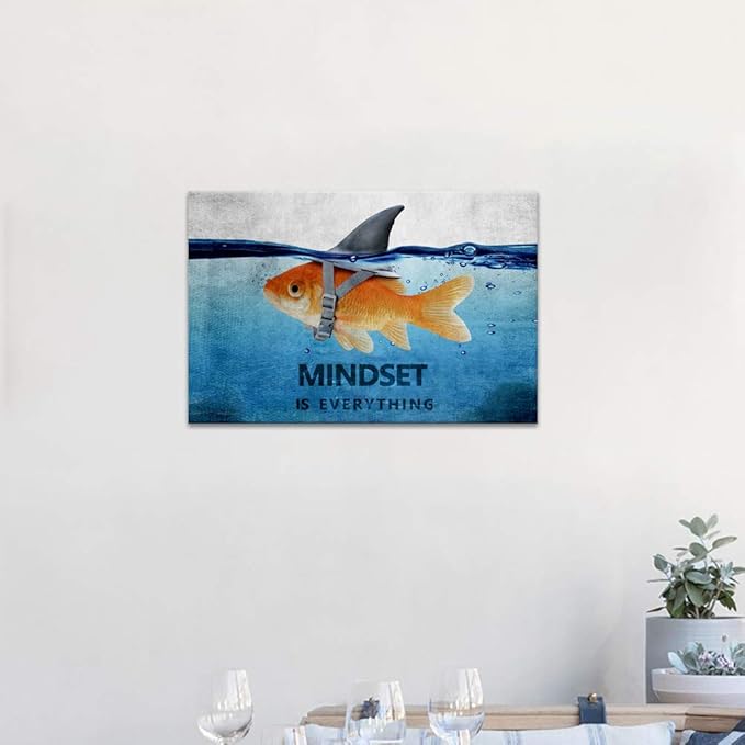 Inspirational Wall Art Goldfish Shark Pictures Blue and Grey Canvas Painting Motivational Quote Mindset Posters HD Prints Artwork Office Decor for Living Room Bedroom Framed (16”Hx12”W)