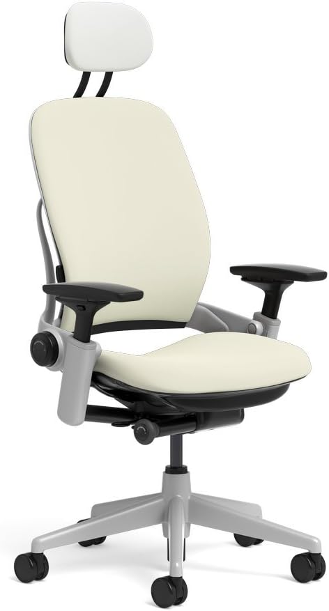 Steelcase Leap Task Chair: Platinum Base - 4D Adjustable Arms - Headrest - Standard Carpet Casters