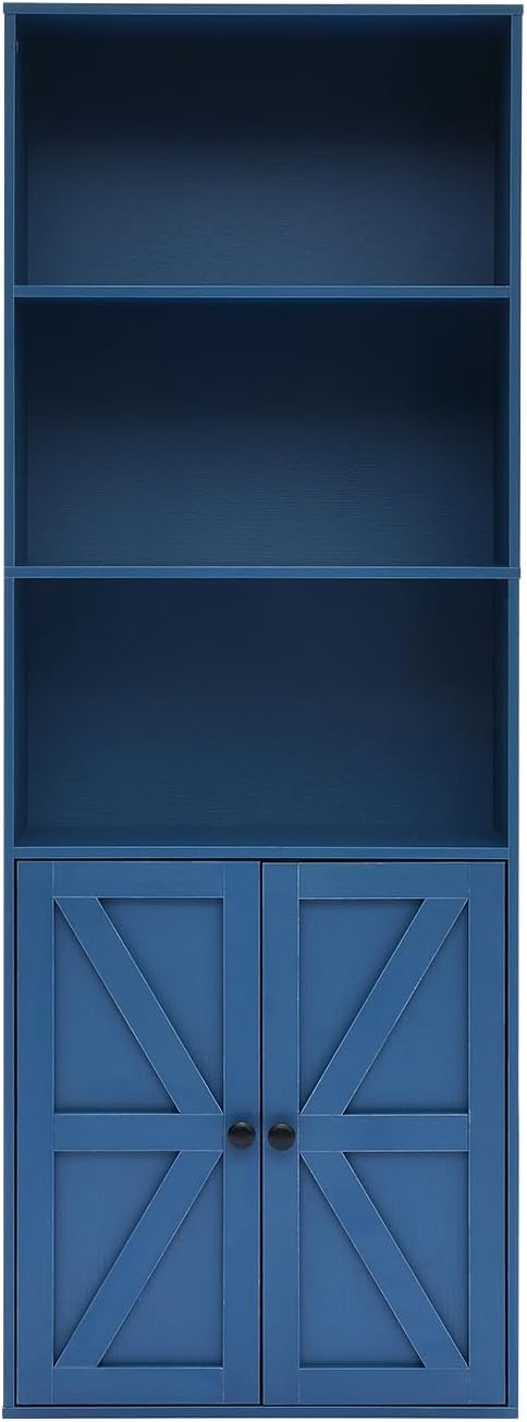 Blue 5-Tier Bookshelves for Living Room, Farmhouse Tall Bookcase with Doors, Wooden Bookshelf with Storage Cabinet and Shelves for Living Room, Home Office (2PCS)