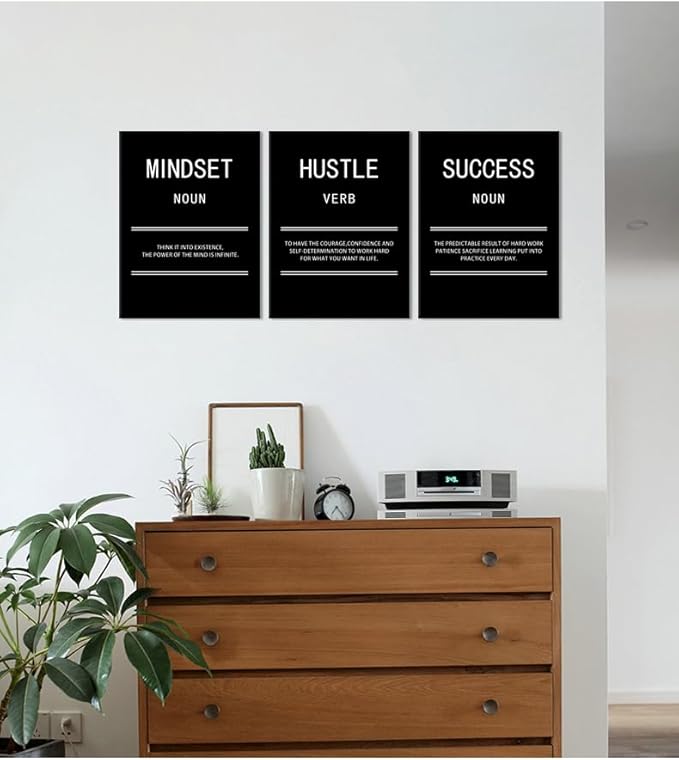 Mindset Hustle Success Inspirational Canvas Wall Art Office 3 Panel Print Motivational Poster Painting Modern Inspiring Artwork for Home Living Room BedRoom Gym Decor Ready to Hang [36''Wx 16''H]