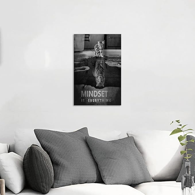 Yatsen Bridge Cat Tiger Canvas Wall Art Inspirational Entrepreneur Quotes Poster Mindset is Everything Artwork Office Home Decor Framed Ready to Hang - 12" Wx16¡®H
