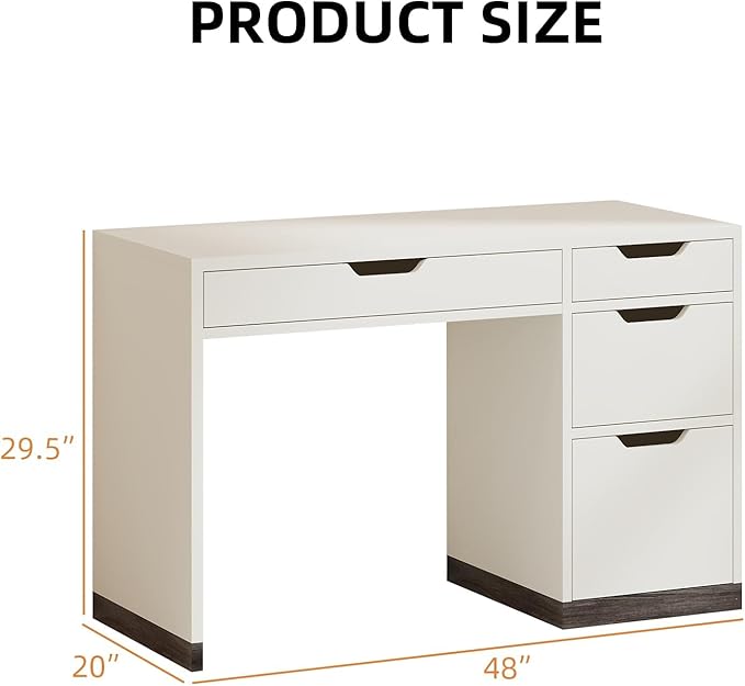 White Desk with Drawers, Small Home Office Desk with 4 Storage Drawers for Small Space, Study Writing Desk for Bedrrom
