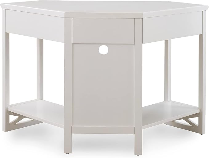 Leick Home Sage Corner Office Desk, Solid Wood, with Drop Front Keyboard Drawer, White, 85430