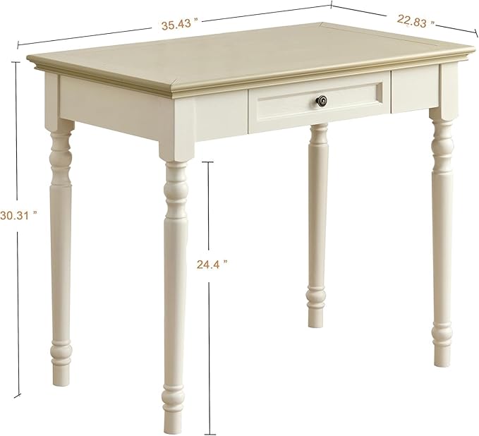 Beige Writing Desk with Drawer, 35" Solid Wood French Country Style Computer Desk for Home Office, Living Room Study or Workspace