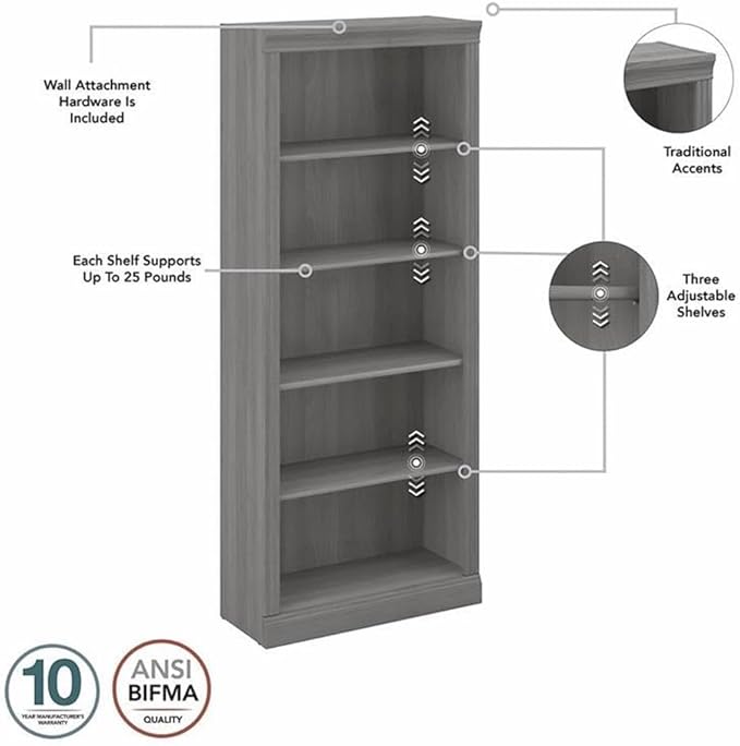 Bush Home Saratoga Tall 5 Shelf Bookcase in Modern Gray, Home Office Organizer, Vertical Storage Solution for Books and Office Supplies, Tall Bookshelf