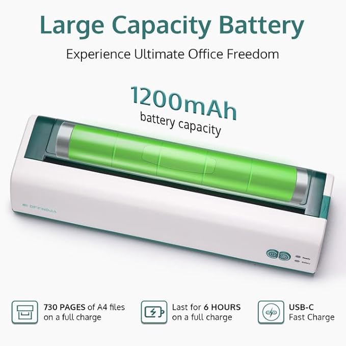 OFFNOVA Portable Printer Wireless for Travel, Thermal Inkless Printer, Support US Letter & A4 Size, Compatible with iOS, Android, Laptop with 1 Roll 8.5" x 11" Thermal Paper, for Mobile Office, Green
