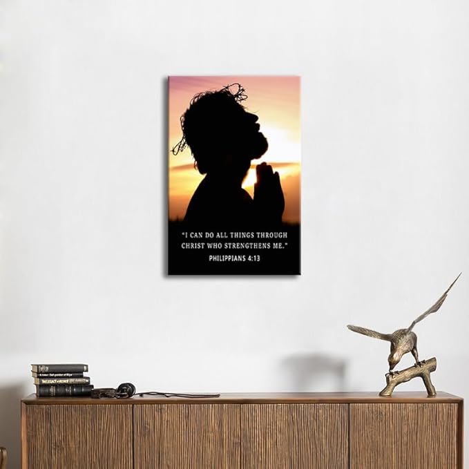 Religious Wall Decor“I Can Do All Things Through Christ”Philippians 4:13 Bible Verse Poster Inspirational Wall Art Jesus Silhouette with Crown Inspirational Quote for Church Home Indoor[12" W X 18" H]