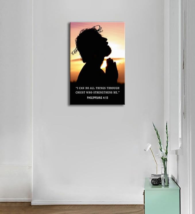WYJDFART Philippians 4:13 “I Can Do All Things Through Christ” Inspirational Wall Art Jesus Silhouette Motivational Religious Wall Decor Inspirational Quote for Church Home Indoor [24" W X 36" H]