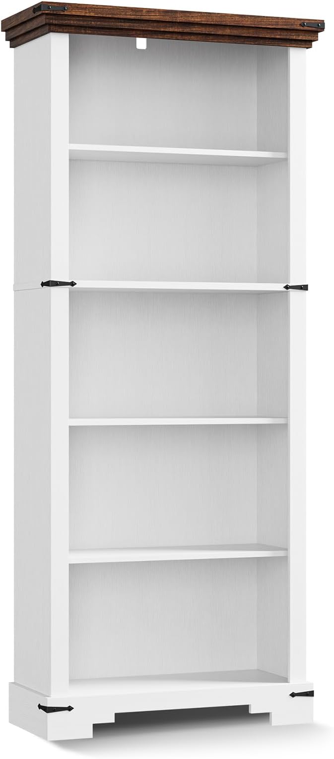5-Tier Farmhouse Bookshelf, 61.1 inch Tall Bookcase with Storage & Unique Design & One Adjustable Shelf, Wooden Bookshelf for Study Room, Living Room, Home Office, Bedroom (White)