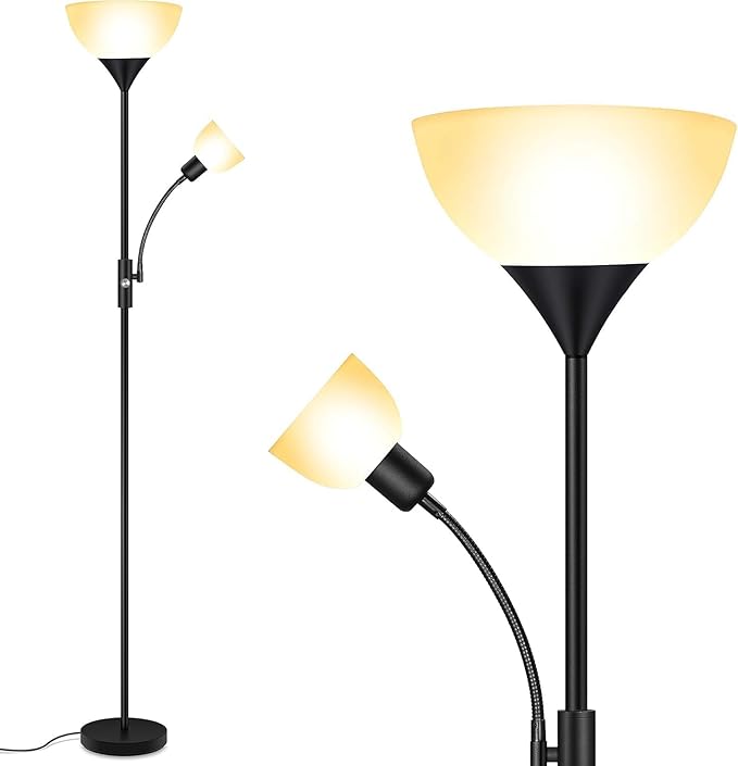 Floor Lamp, Torchiere Floor Lamps for Living Room, 71 Inch Tall Standing Lamp, Bedroom Lamps with Reading Light, Rotary Switch, 2 Plastic Lampshade, Torch Floor lamps for Bedroom (Black, No Bulb)
