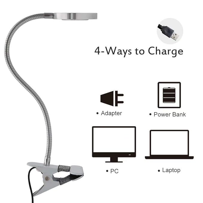 Pinkiou Clip on Lamp Desk Lamp with Clamp for Night Reading Nail Art Makeup Salon LED USB Book Light Clip Clamp Lamp 360°Flexible Gooseneck Bed Lamp 3 Color Models