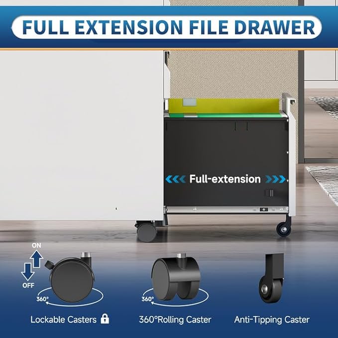 File Cabinet for Home Office,3 Drawers Mobile File Cabinets Rolling,Under Desk Metal Filing Cabinet, Small Mobile File Storage Cabinets for Legal/Letter/A4 -White/Assembly Required