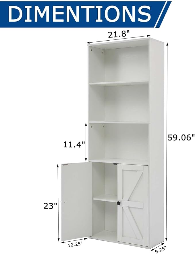 White 5-Tier Bookshelves for Living Room, Farmhouse Tall Bookcase with Doors, Wooden Bookshelf with Storage Cabinet and Shelves for Living Room, Home Office (2PCS)