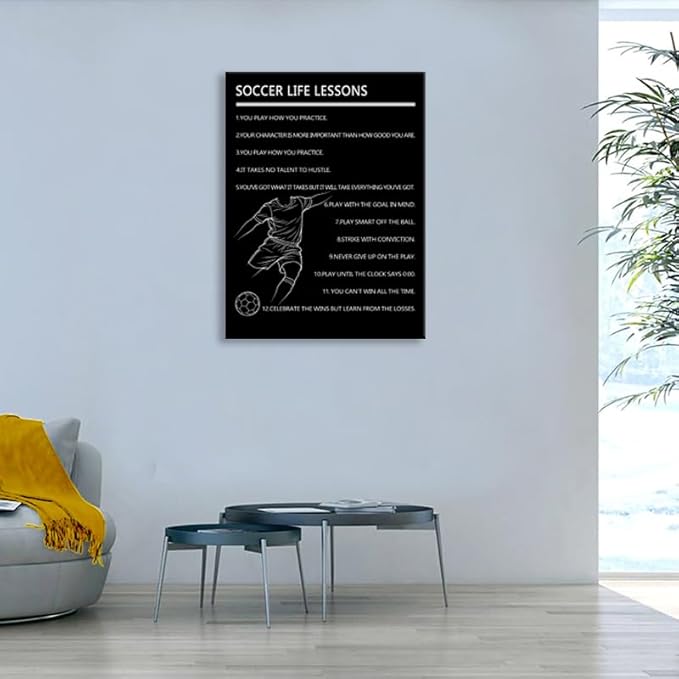 WYJDFART Inspirational “Soccer Life Lessons ” Wall Art Motivational Sports Quotes Poster Canvas printed poster for Boys Bedroom Gym Office Framed Ready to Hang [30" W X 40" H]
