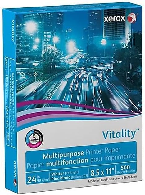 xerox Vitality Multipurpose Print Paper, 92 Bright, 24 lb Bond Weight, 8.5 x 11, White, 500/Ream