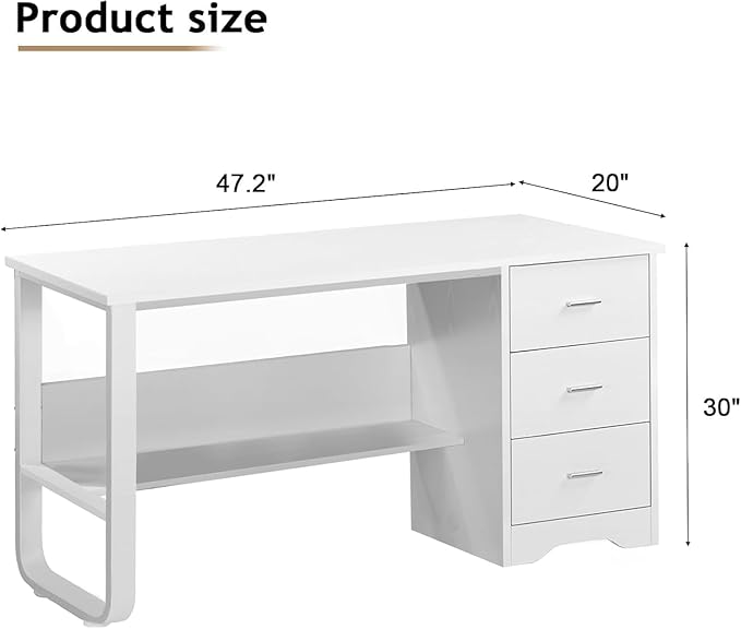 White Desk with Drawers, 47 Inch Computer Desk with 3 Drawers for Bedroom, Study Desk with Drawers for Small Spaces, Bottom Shelves