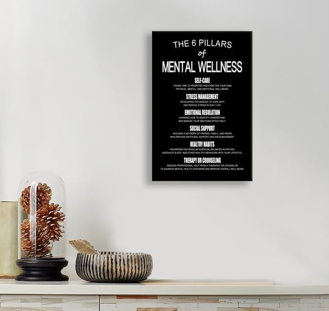 WYJDFART Inspirational Quotes THE 6 PILLARS OF MENTAL WELLNESS Motivational Wall Art Mental Health Guides Therapy Room Wall Decor for Home School Bedroom Office Framed Ready to Hang [12" W X 18" H]