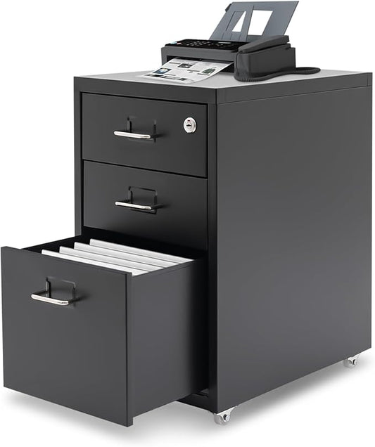3 Drawer File Cabinet, Lockable Small Filing Cabinet for Home Office, with Wheels, Fits A4 / Letter Size, Steel Office File Cabinets (Black)