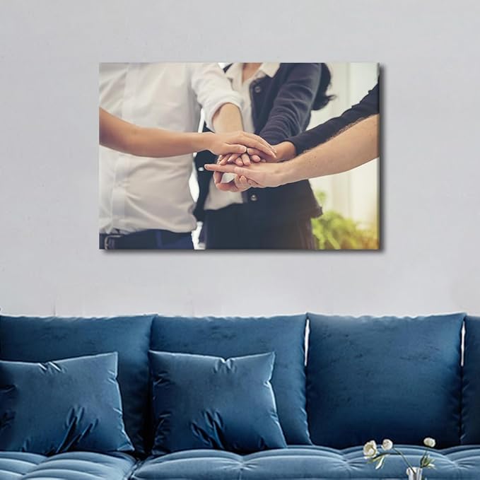 TUMOVO Wall Art For Office Business Partners Team meeting Successful Teamwork Hands Gesture Pictures 1 Panel Inspirational Wall Art Positive Modern Decor Poster Canvas Print (16" Wx24 H)
