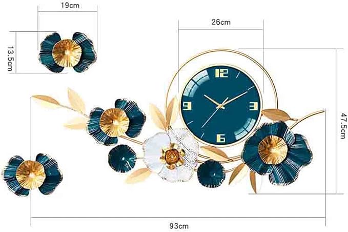 Wall Clock Large Decorative Hanging Wall Clocks,36.6 * 18.7in Wrought Iron Silent Non Ticking Ginkgo Leaf Wall Quartz Clock for Living Room Office Cafe Hotel,White Clock (White A)