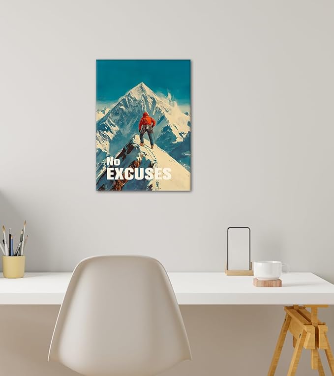 No Excuses Inspirational Wall Art - Mountain Climber Canvas Print with Motivational Quote, Encouraging Office Wall Decor, Success Reminder Artwork for Living Room Home, Framed 12"x16"