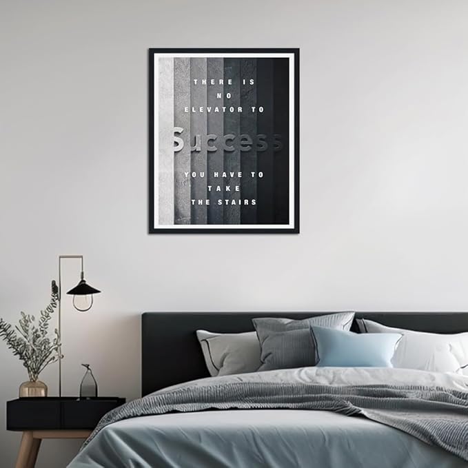 Motivational Framed Canvas Print Wall Art, There Is No Elevator to Success You Have To Take The Stairs Inspirational Quote, Positive Office Decor for Home, Ready to Hang, 12.5x16.5 Inches