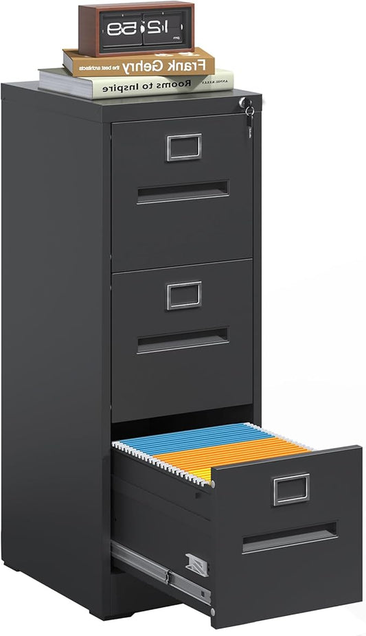 Black Metal File Cabinet with 3 Drawer,Vertical File Cabinet with Lock for A4/Letter/Legal Size Files,Steel Filing Cabinets for Home Office,Assembly Required
