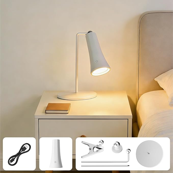 Rechargeable LED Desk Lamp, 4-in-1 Cordless Table Lamp, Magnetic Wall Mount LED Light, with Stepless Brightness, 3 Color Dimmable, 360° Rotation, For Reading, Office, Bedroom,Working, Hallway (White)