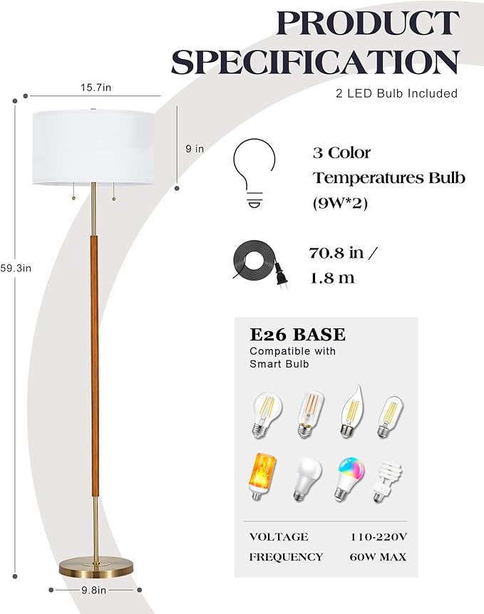 ELYONA 2-Light Wood Floor Lamp for Bedroom Mid Century Modern Standing Lamp White Fabric Shade Tall Pole Corner Light for Living Room Office 3 Color Temperatures 9W LED Bulbs Include, Brushed Brass