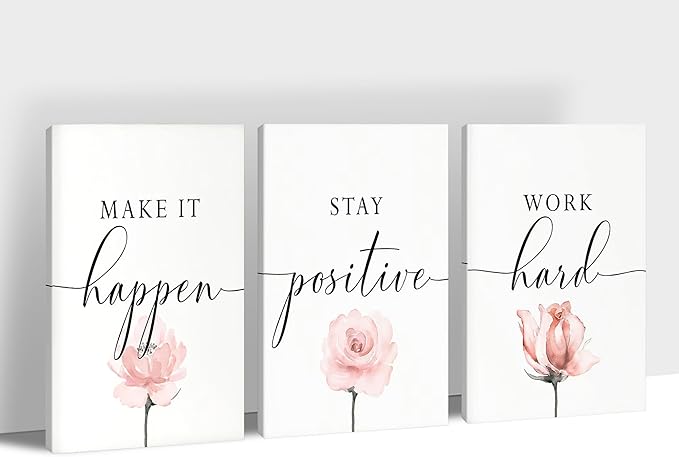 SHMAO 3 Piece Office Canvas Wall Art, Motivational Quotes Poster Flowers Print Pictures Wall Decor for Office, Women Inspirational Framed Artwork Home Office Decor 24''x36'' x 3 Pcs