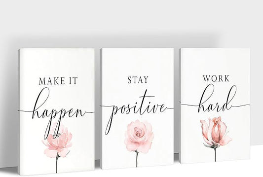 SHMAO 3 Piece Office Canvas Wall Art, Motivational Quotes Poster Flowers Print Pictures Wall Decor for Office, Women Inspirational Framed Artwork Home Office Decor 24''x36'' x 3 Pcs