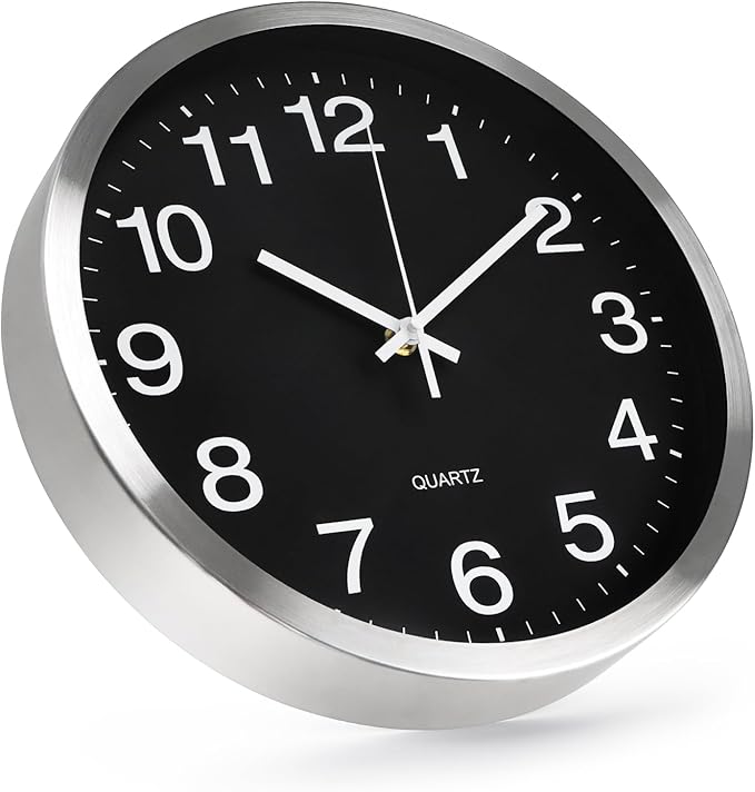 Wall Clock 12 Inch Metal Finish Silent Non Ticking Indoor Clock Round Battery Operated Stainless Steel Wall Clocks for Home, Office, Living Room (Black-Silver Brushed Finish, 12 Inch)