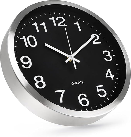 Wall Clock 12 Inch Metal Finish Silent Non Ticking Indoor Clock Round Battery Operated Stainless Steel Wall Clocks for Home, Office, Living Room (Black-Silver Brushed Finish, 12 Inch)