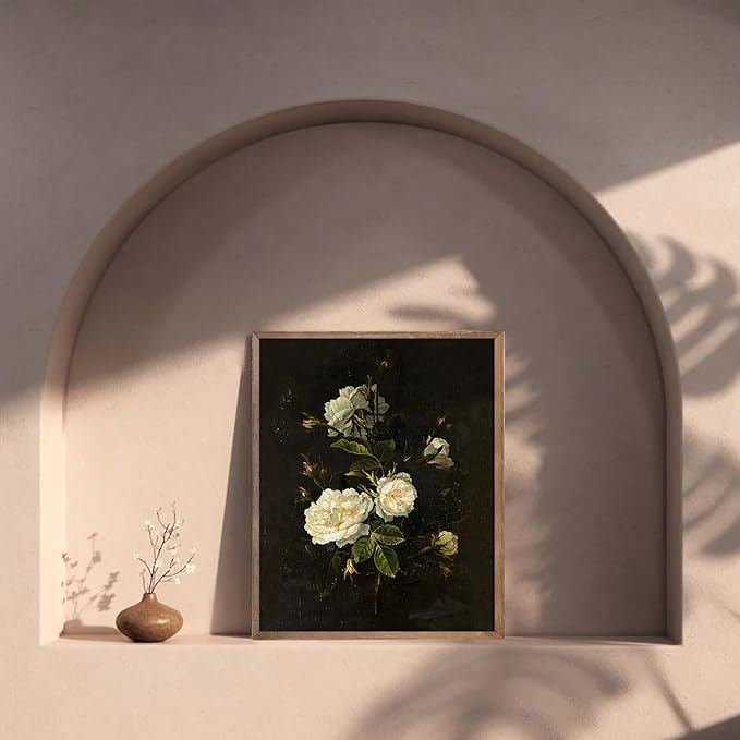Kizbok Vintage Floral Wall Art Decor Moody White Rose Flower Canvas Prints, Antique Victorian Decor Vintage Botanical Art Pictures for Gallery Bedroom Bathroom Office Decor(8" x 10"-UNFRAMED)