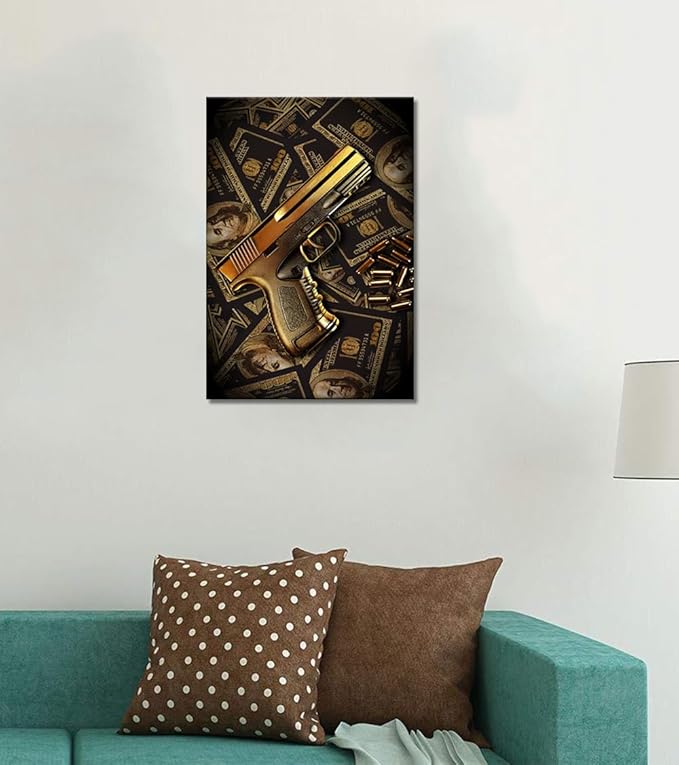 Inspirational Wall Art Handgun Money Killer Canvas Wall Decor Dollar Gun Lover Gift Motivational Poster Print for Office Home Wall Decor 24x36in
